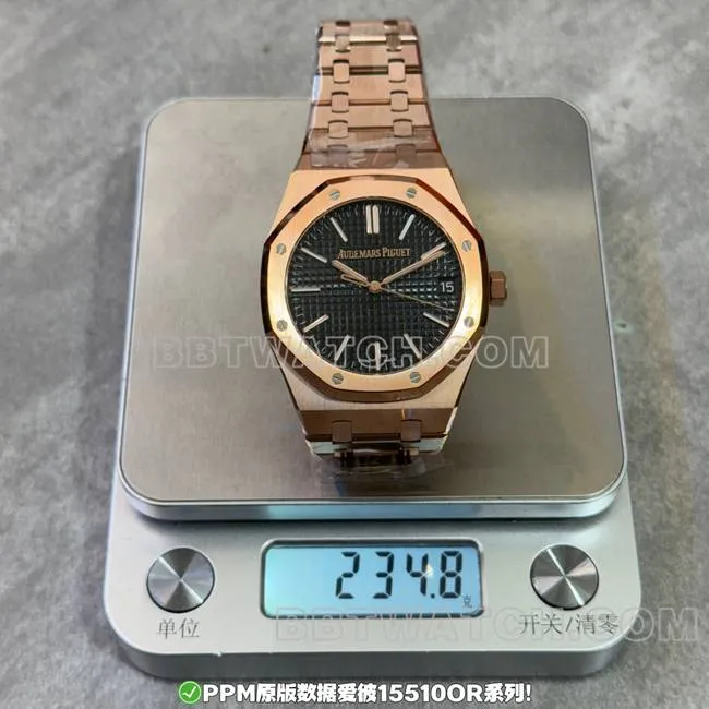 watch PPM factory Royal Oak Audemars Piguet black dial rose gold steel strap back real shot image