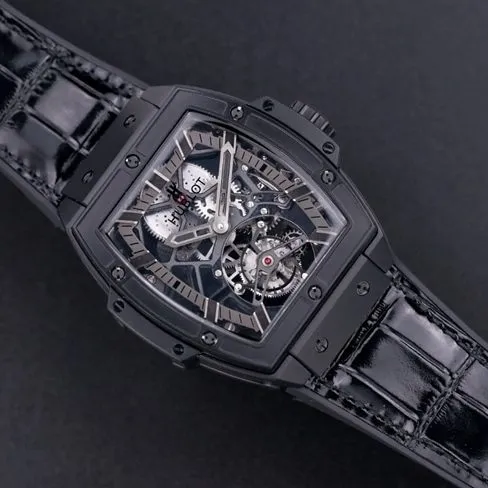 Hublot top-tier watch men's black dial black belt mechanical MASTERPIECE series genuine tourbillonleather strap watch front view