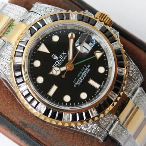 Rolextop-tier replicaGMT-Master type II watch with diamonds on the back, customized version, luxurious, sparkling, classic and trendy, front view