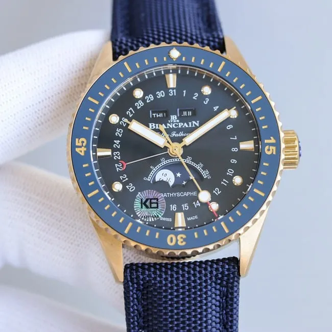 TWtop-tierBlancpainreplica watch men's black dial blue belt fifty fathoms series fully automatic movementdetail shots