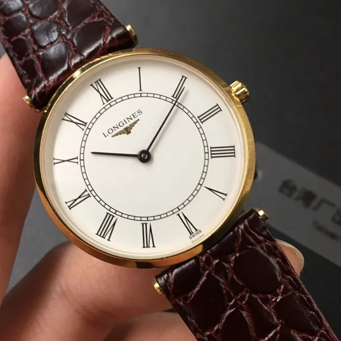 top-tier watch Longines couple watch white dial black belt Jialan series quartzleather strap watch side view