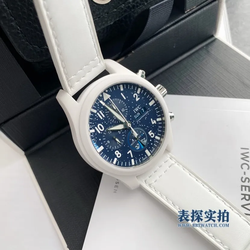 IWC blue dial pilot series naval air combat unit chronograph watch side