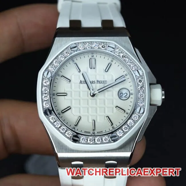 top-tier watch Audemars PiguetRoyal Oak diamond ladies white dial watch white rubber strapquartz movement watch front view
