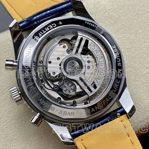 collectible watch BLS factory aviation chronographBreitling silver white dial blue leather strap model side live photo