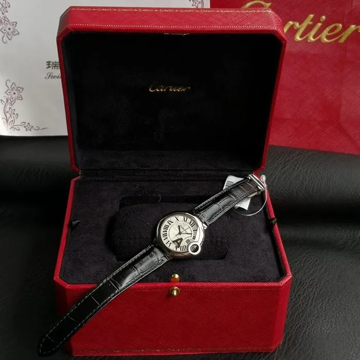 top-tier watch Cartier men's white dial blue balloon series leather strap watch side view