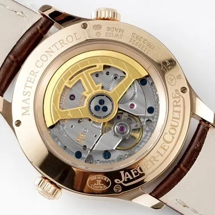 ZF Factorytop-tier replicaJaeger-LeCoultrehigh-quality watch men's white dial brown belt Geographer Q1428421 series mechanical leather strap watch front view