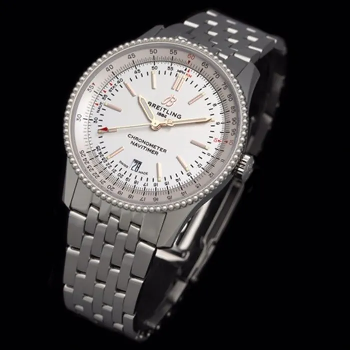 top-tier watch Breitling men's white dial aviation chronograph1 series overview steel bracelet watch detail shots