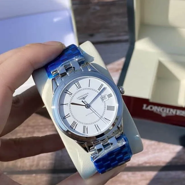 Longines Master Collection Swiss Engraved Movement Centennial Classic White Steel Couple's Watch Front View