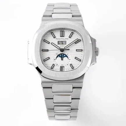 PPF Factorytop-tier watch Patek PhilippeNautilus series annual calendar men's white dialsteel braceletautomatic movement watch side view