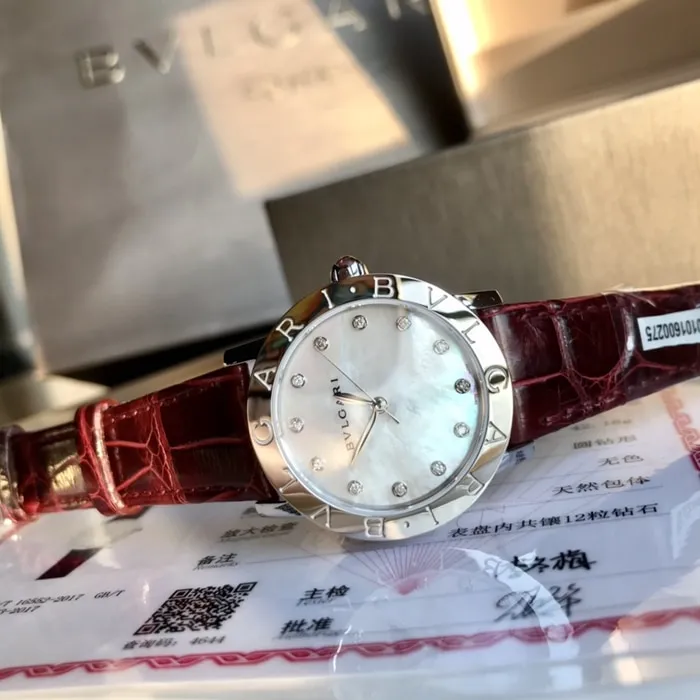 top-tier watch Bvlgari women's white dial automatic movementleather strap watch front view