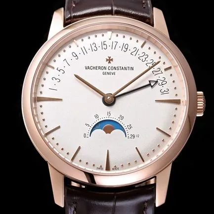 top-tier Vacheron Constantin men's white dial brown belt heritage series leather strap mechanical watch side view