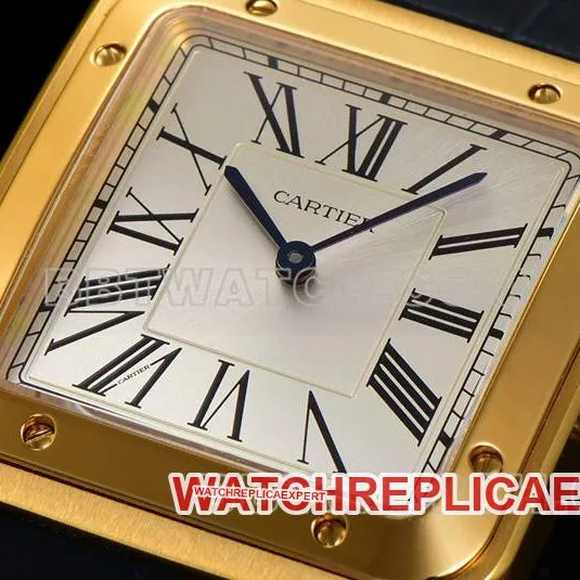 Cartier collectible watch F1 factory Santos white dialyellow gold case leather strap caseback live photo
