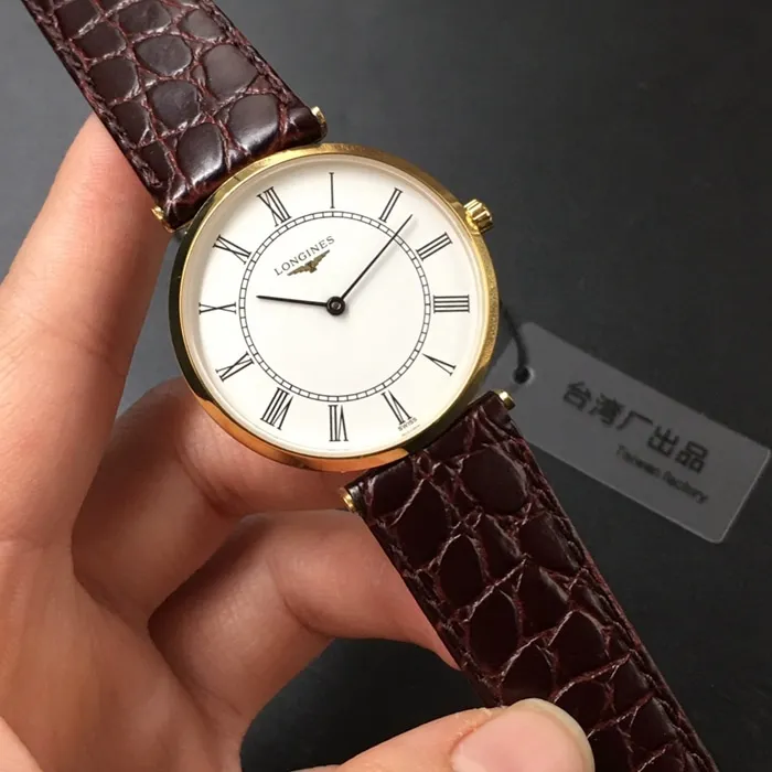 top-tier watch Longines couple watch white dial black belt Jialan series quartzleather strap watch side view