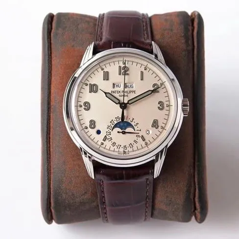 GS factory top-tier watch Patek Philippe men's white dial brown belt super complex function timepiece leather strap watch clasp picture