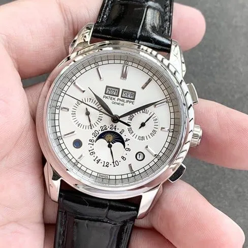 top-tier watch Patek Philippe men's white dial black belt super complex function chronograph series leather strap watch leather strap picture