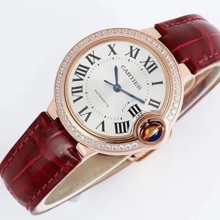 V6 factory top-tier watch Cartier automatic movement blue balloon series 33mm women's white dialleather strap watch side view