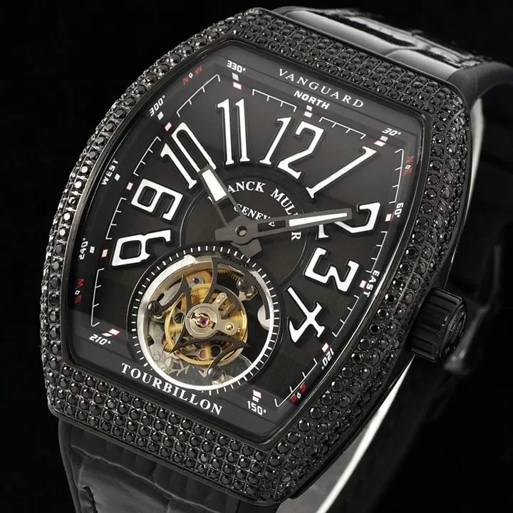 RMS factory Frank Muller men's watch black dial diamond tourbillonleather strap model V45side live photo