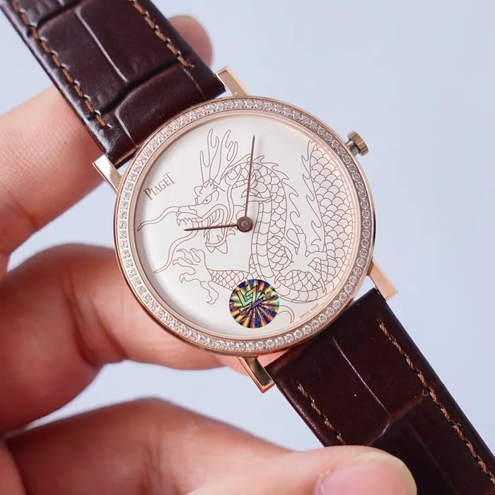 Top-tier watch Piaget men's white dial dragon and phoenix series leather strap watch clasp picture