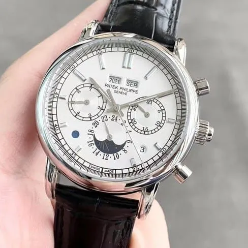 Patek Philippetop-tier watch complex function chronograph series men's white dial fully automatic movementleather strap side view