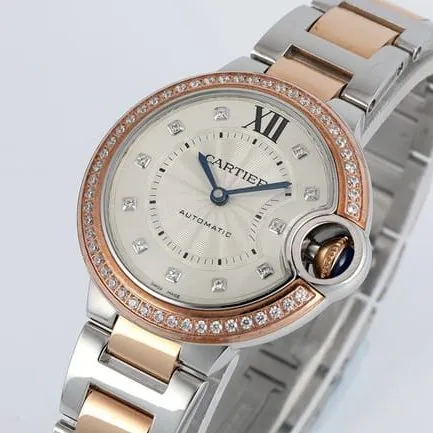 V6 factory top-tier watch Cartier women's white dial gold band blue balloon series automatic movement watch front view