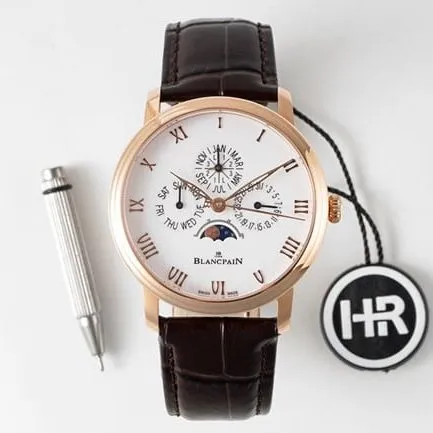 Blancpaintop-tier watch classic series manual winding mechanical men's white dial brown belt watch front view