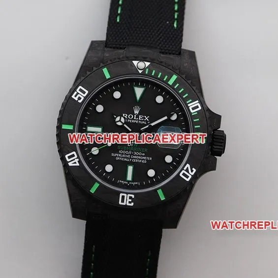 VS FactoryRolexSubmariner1:1super cloneblack dial carbon fiber green ring leather strap style side live photo