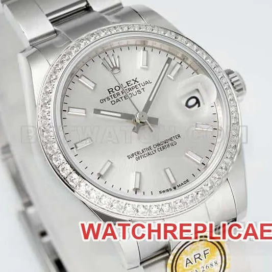 ARF FactoryRolex log 1:1top-tier replicasilver dial stick hour markers diamond bezel31mm three grid link 278289side live photo