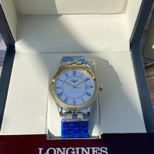 top-tiersuper cloneLongines military flag series white steel Swiss carved movement couple watch front view