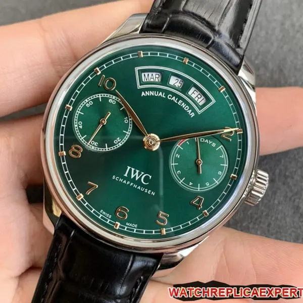ZF FactoryIWCreplica watch Portuguese series perpetual calendar date day display month green dial dynamic display gold needle clasp picture