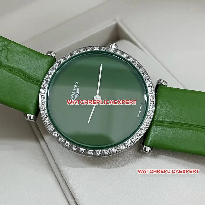 Longines elegant 1:1super clonegreen dialdiamond bezelleather strap model L4.523.0.60.2front live photo