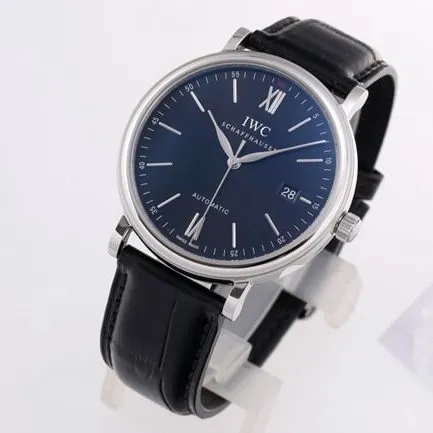 V7 factory IWC top-tier watch men's blue dial black belt disc mechanical wave fino series leather strap watch side view