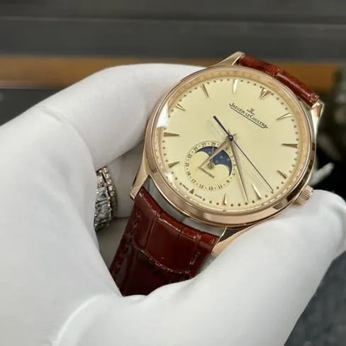 top-tier watch Jaeger-LeCoultre men's white dial brown belt moon phase series automatic movementleather strap watch clasp picture