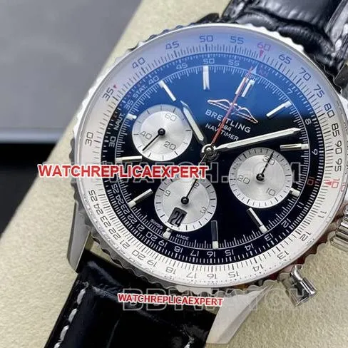 collectible watch BLS factory aviation chronographBreitling black white dial black leather strap caseback live photo