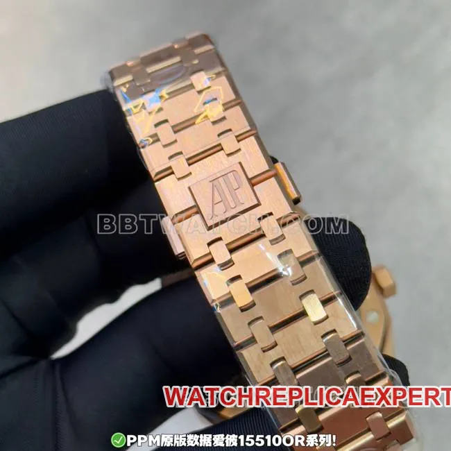 Watch PPF Factory Royal Oak Audemars Piguet Blue Dial Rose Gold Steel Strap Side Real Shot