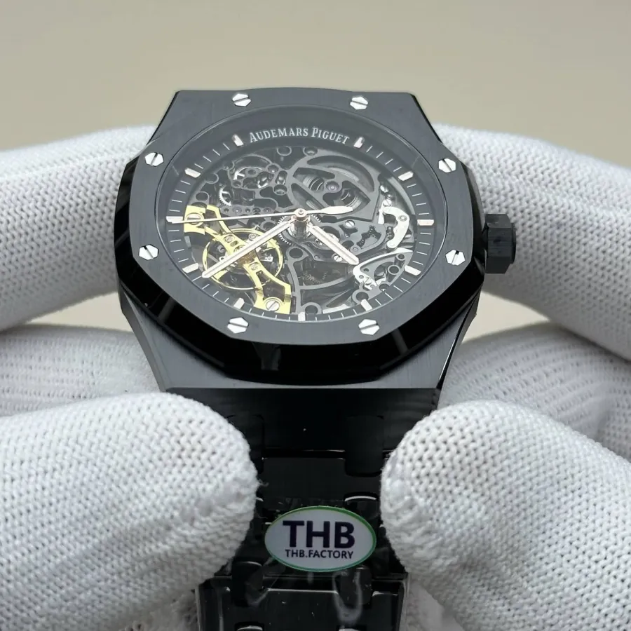 THBAudemars PiguetRoyal Oak1:1super black ceramic hollow plate steel bracelet model 15416caseback live photo