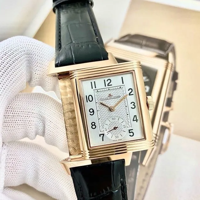 top-tier watch Jaeger-LeCoultre men's white dial black belt manual winding flip series leather strap watch front view
