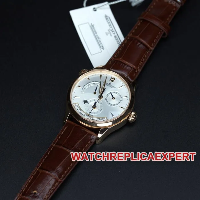 zf factory Jaeger-LeCoultretop-tier watch geography master world time men's white dial brown belt multifunctional automatic movementleather strap watch side view