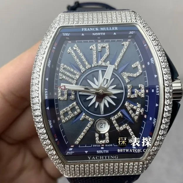 ABF ladies Frank Muller watch blue dial diamond leather strap model Vanguard Yachting diamond back view