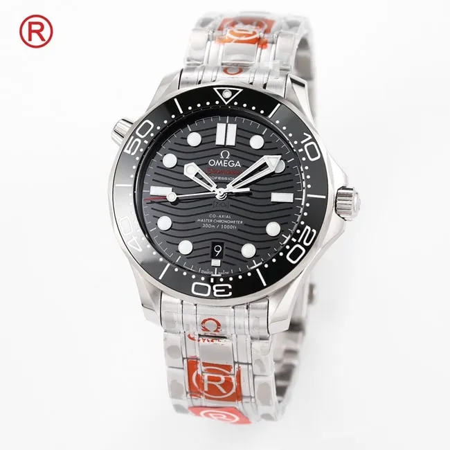 Top Omega Men's Black Plate Steel Strap Seamaster 300 Meter Series Automatic Mechanical Watch Movement Figure
