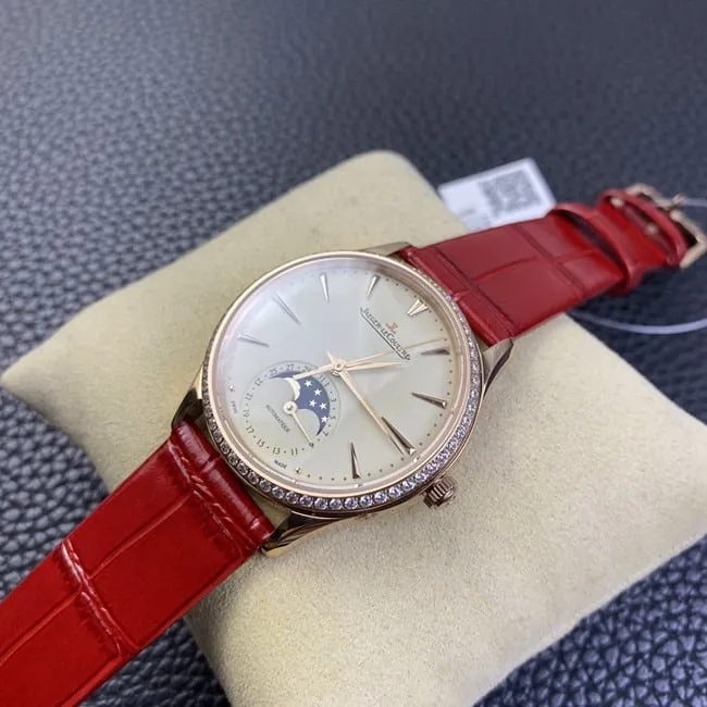 Jaeger-LeCoultretop-tier watch ladies white dial red dot moon phase master automatic movementleather strapclasp picture