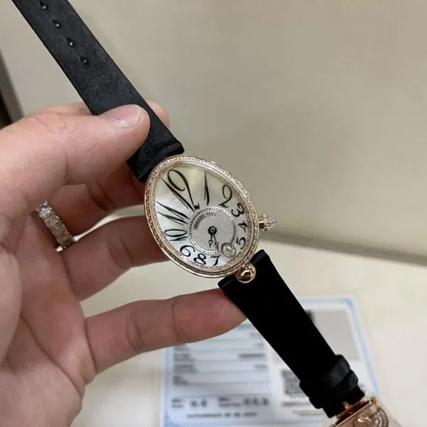 Real gold and real diamond Baoji top-tier watch queen series rose gold ladies diamondleather strap watch side view