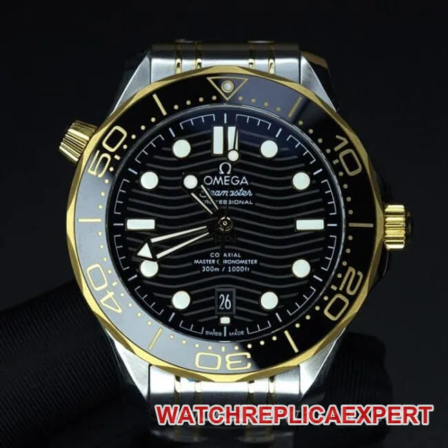 VS FactoryOmegatop-tier watch Seamaster series 300 gold steel bracelet ceramic bezel8800movement fully automatic movement watch front view