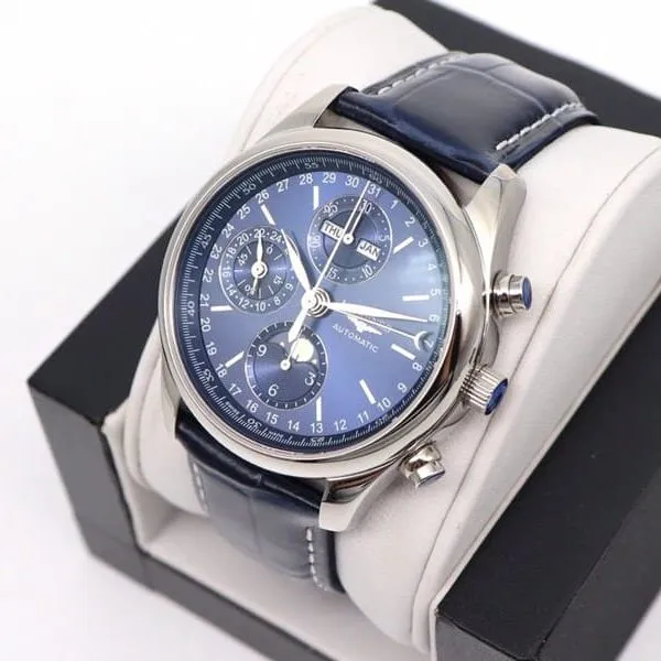 GL factory Longinessuper watch famous eight-pin moon phase7751blue dialleather strap movement picture