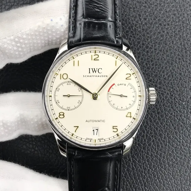 YL factory top-tier watch IWC men's white dial black belt Portuguese seven automatic movementleather strap watch leather strap picture