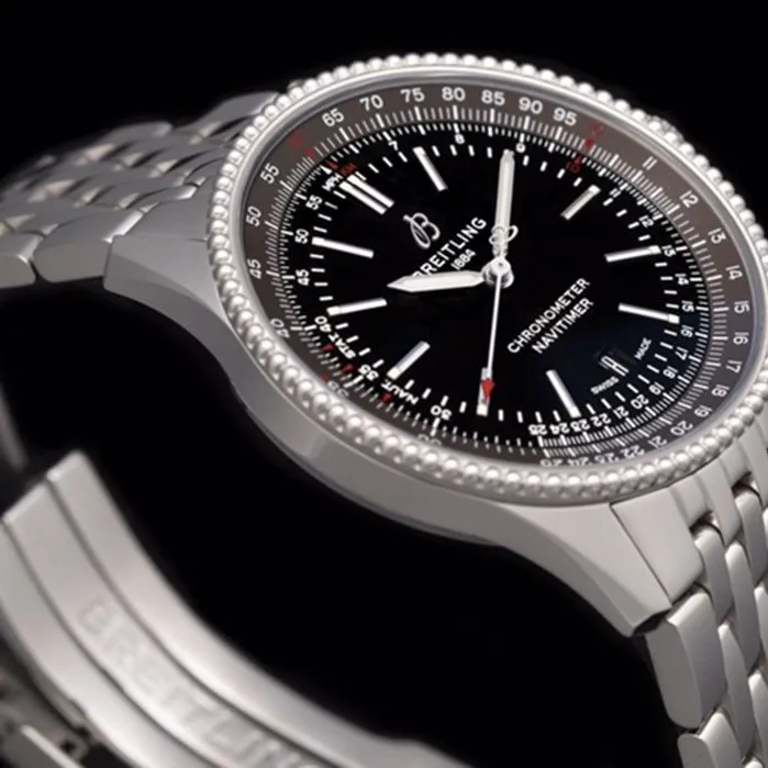 top-tier watch Breitling men's black dial aviation chronograph1 series steel bracelet watch side view