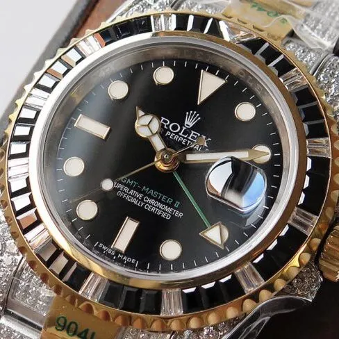 Rolextop-tier replicaGMT-Master type II watch with diamonds on the back, customized version, luxurious, sparkling, classic and trendy, front view
