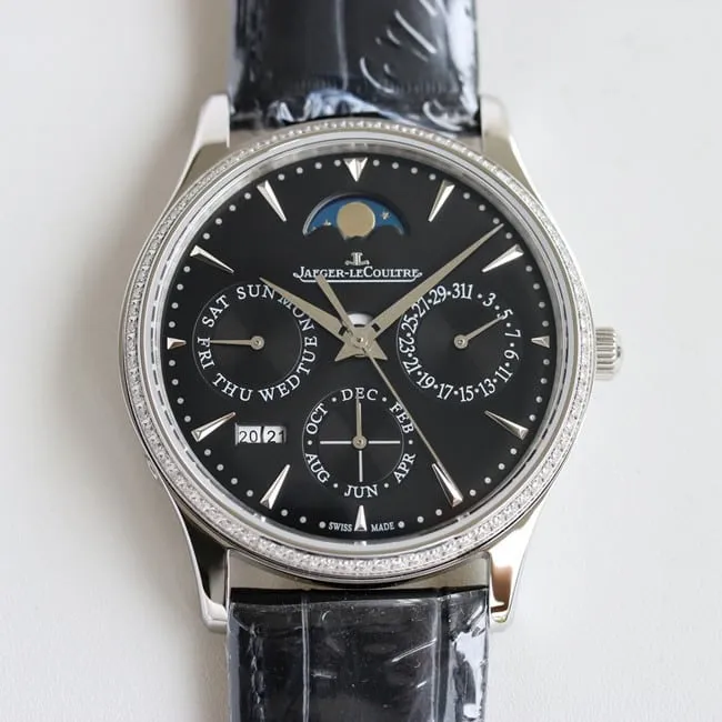TW factory Jaeger-LeCoultre perpetual calendar men's black dial black belt full automatic movement master series leather straptop-tier watch front view