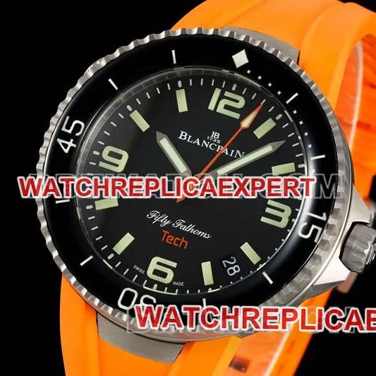 Blancpain collectible watch fifty fathoms black dial titanium mechanical orange rubber model clasplive photos