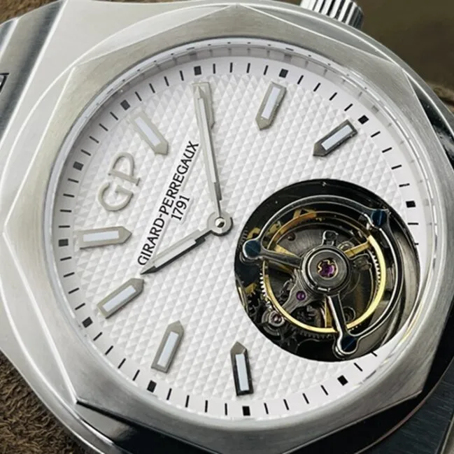 top-tier watch Girard-Perregaux men's white dialsteel bracelet Laurel series tourbillon mechanical watch side view