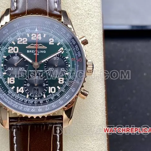 1:1replica watch BLS factory green black dialBreitling aviation chronographrose goldleather strap style side live photo
